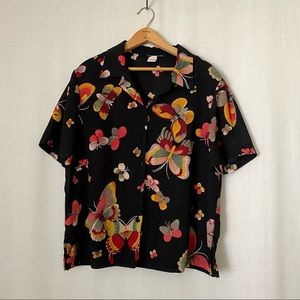Vintage 90s Butterfly Semi-Sheer Button Down Blouse L
